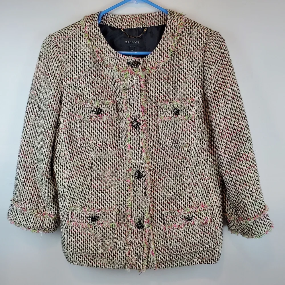 Talbots Pink Green Candy Fringe Tweed Blazer Jacket Size 10 Womens Button Up - Picture 12 of 12